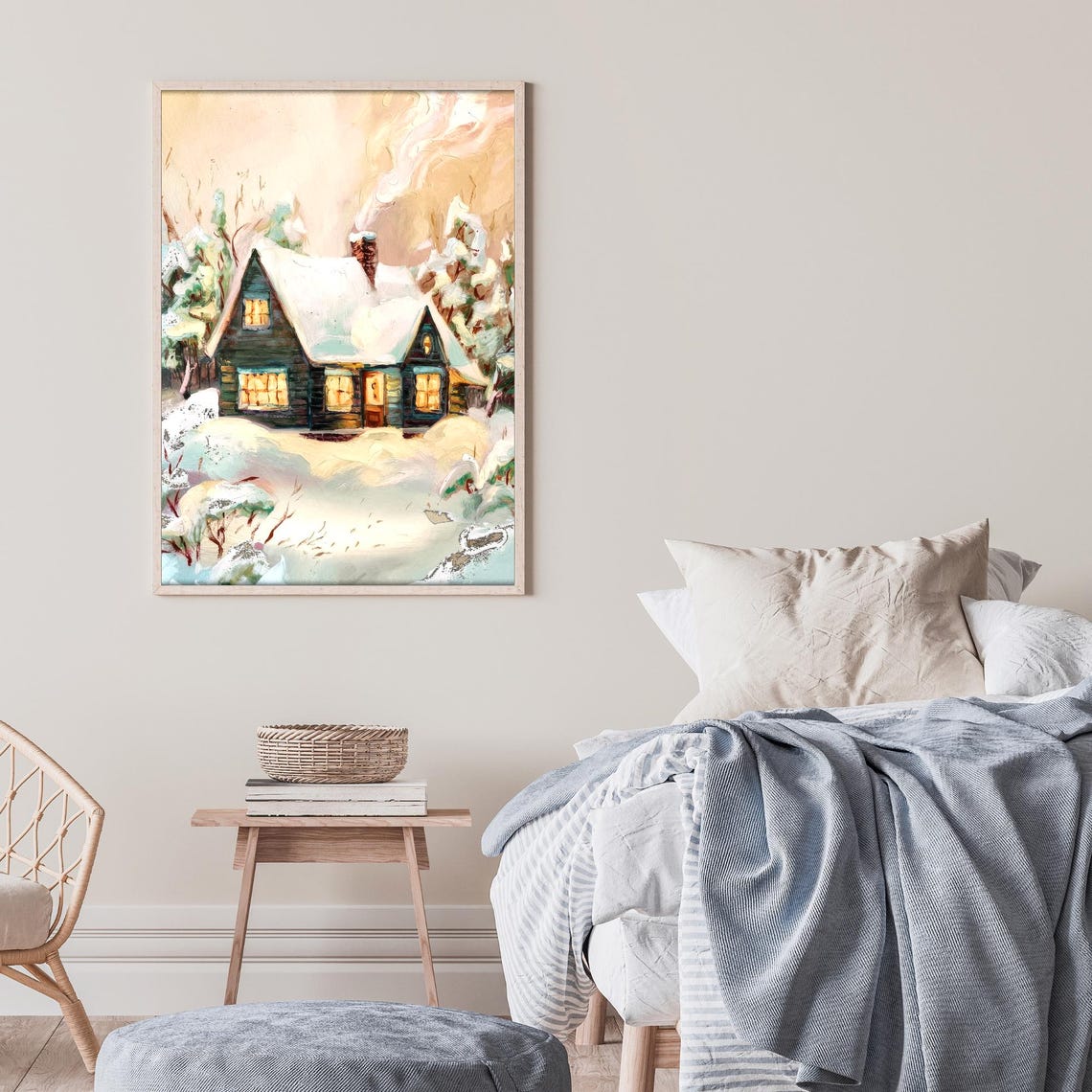 Cozy Snowy Cabin with Glowing Windows Winter Landscape Poster - Image 3