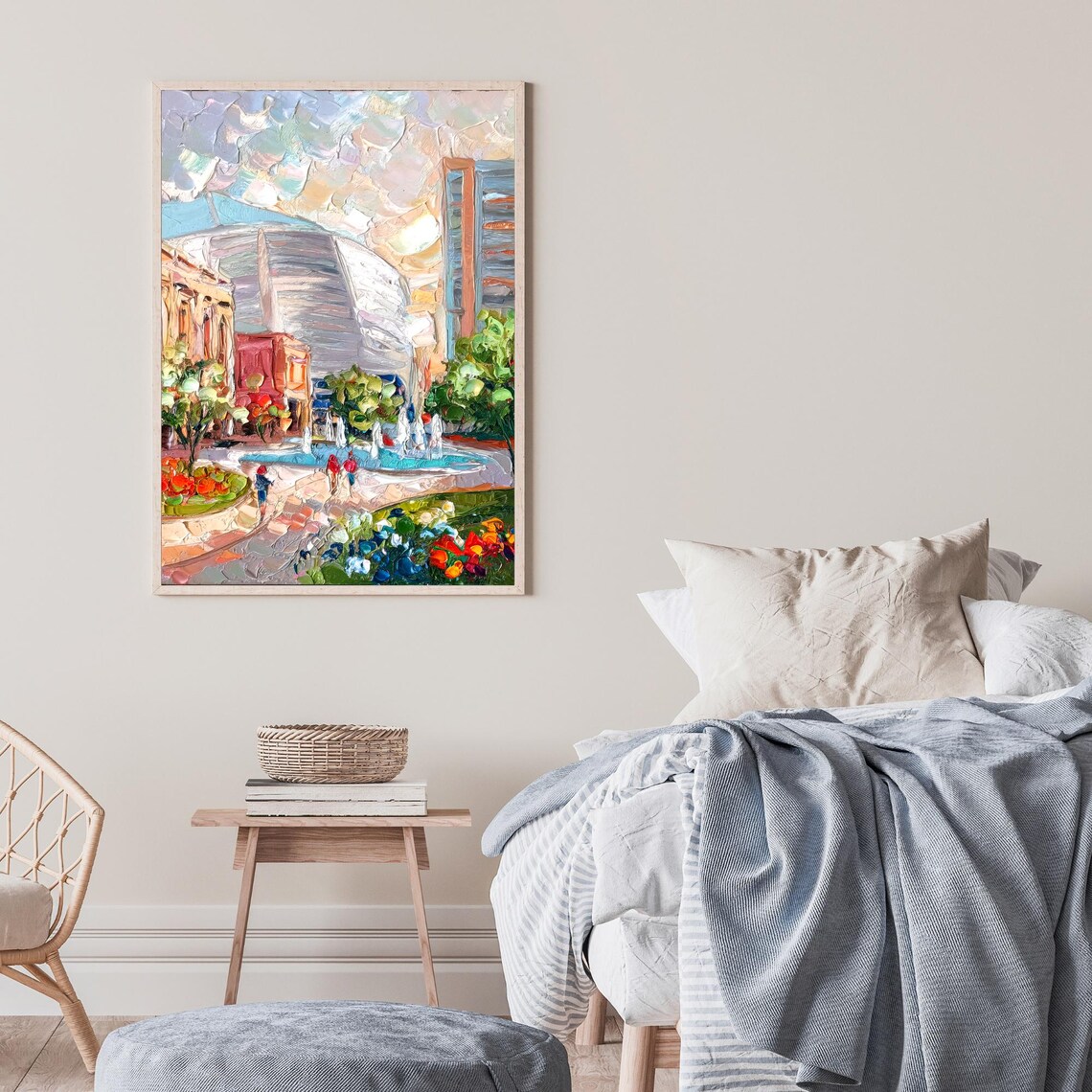 San Jose Stadium Fountain Plaza Flowers City View Impasto Oil Poster - Image 2