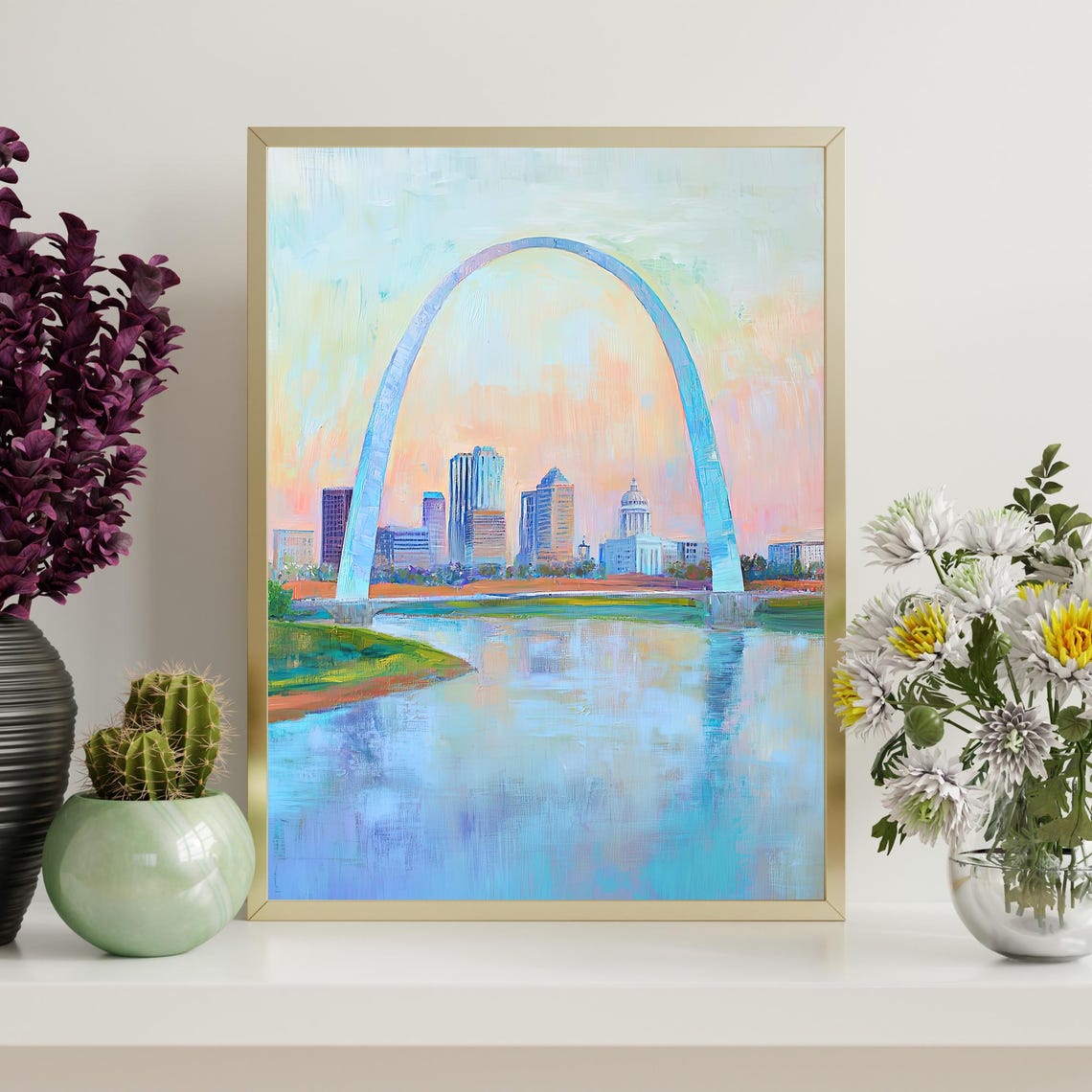 St Louis Gateway Arch Skyline Riverfront Impressionist Oil Wall Art - Image 4