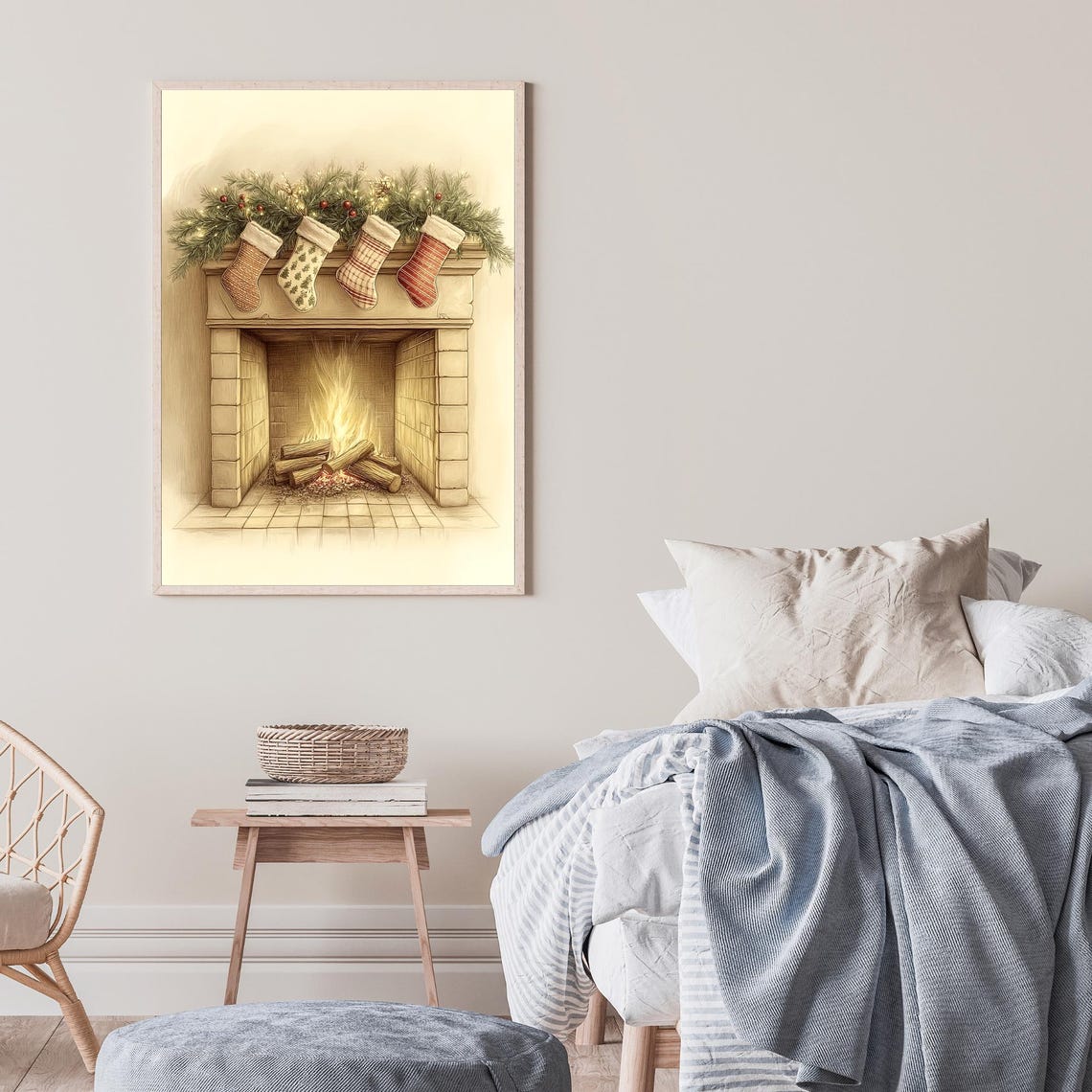 Cozy Christmas Fireplace Four Stockings Mantel Holiday Poster - Image 2