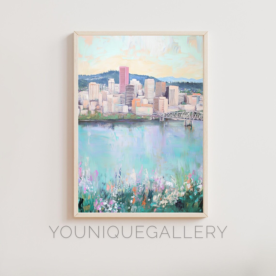 Portland Oregon Skyline Bridge Wildflower River Oil Painting Poster
