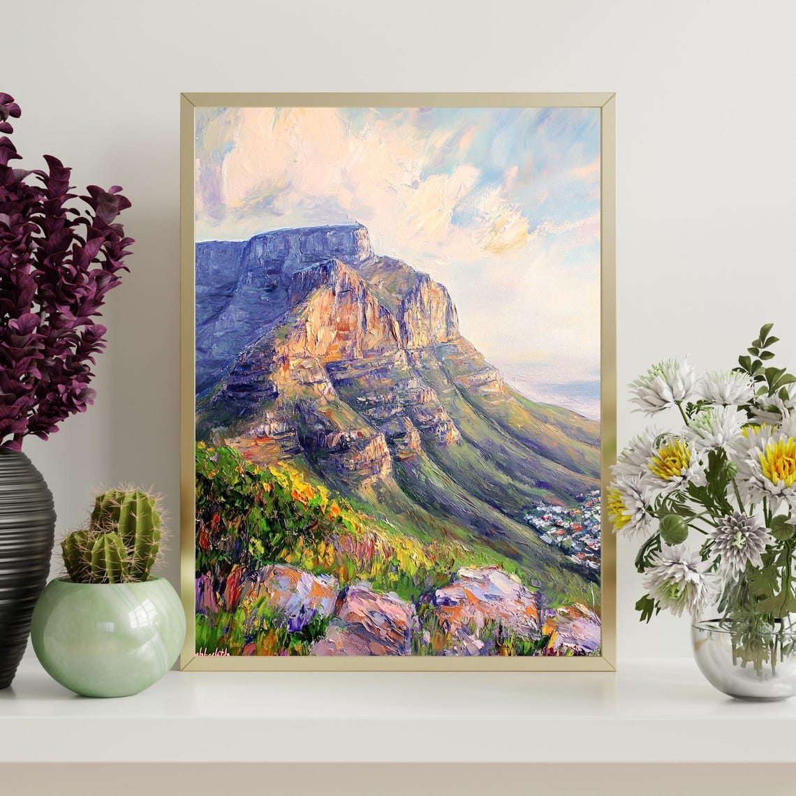 Table Mountain Cape Town Green Cliffs Sunset Glow Oil Painting Poster - Image 4