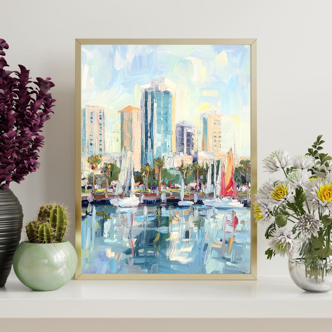 Long Beach California Marina Sailboat Skyline Oil Painting Poster - Image 4