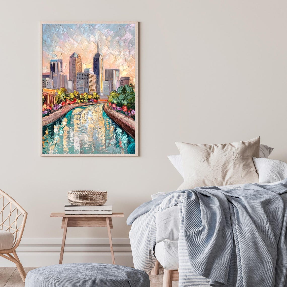 Indianapolis Canal Skyline Sunset Reflection Oil Painting Poster - Image 2
