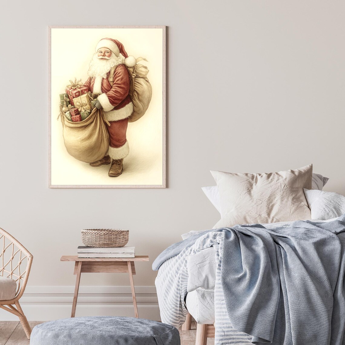 Vintage Santa Claus With Big Sack of Gifts Christmas Art Poster - Image 2