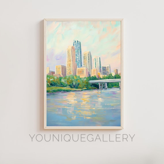 Omaha Nebraska Downtown Skyline Bridge River Oil Painting Poster