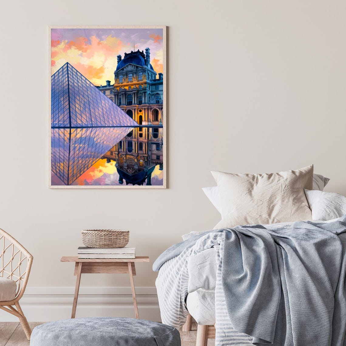 Louvre Museum Paris Glass Pyramid Sunset Reflection Painting Poster - Image 2