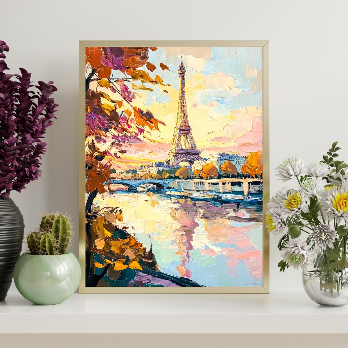 Eiffel Tower Paris Autumn Leaves Seine Sunset Reflection Romantic Painting Poster - Image 4