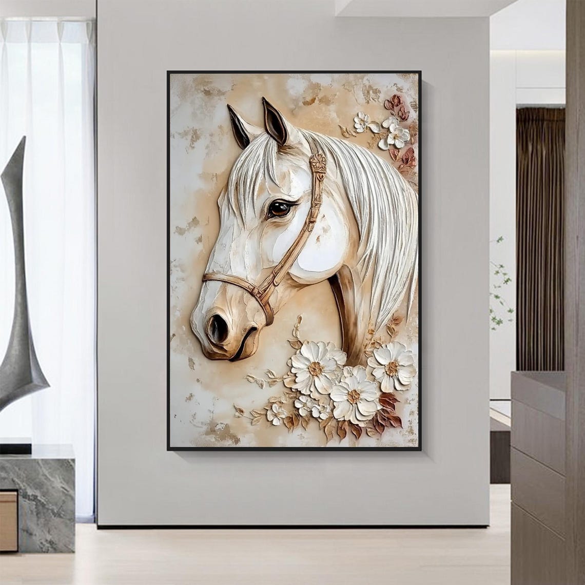 3d Horse And Flower Texture Oil Painting Animal Minimalist Wall Art Horse Wall Art Flower Acrylic Painting Original 3d Animal Painting - Image 3