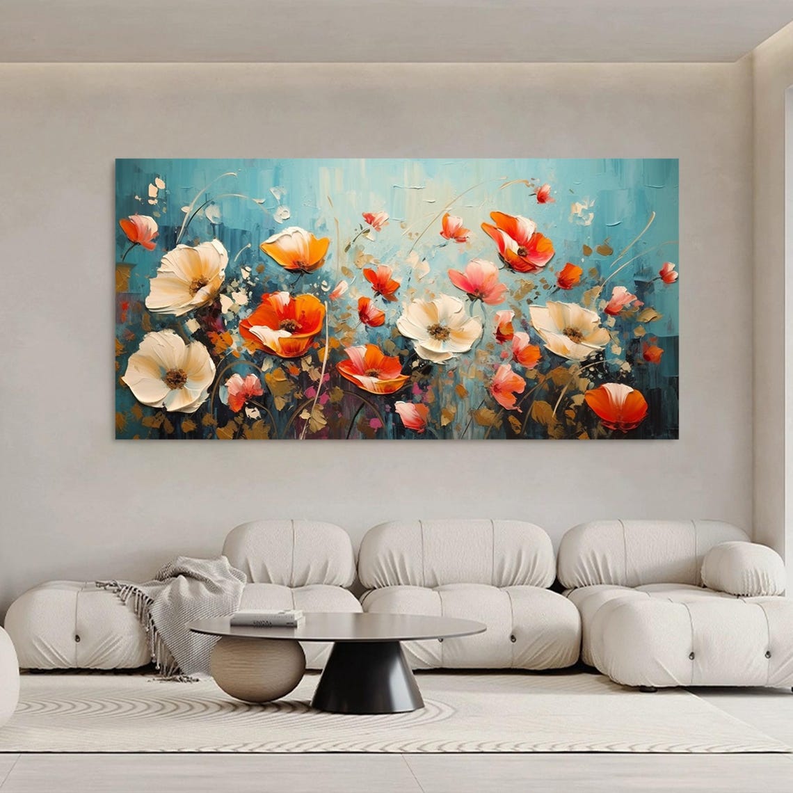 Orange Red Poppy Wildflowers On Teal Blue Wide Painting Poster - Image 2