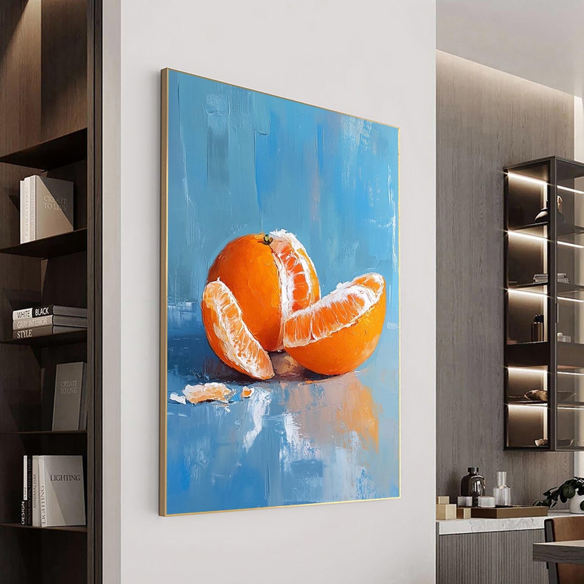 Peeled Orange Segments Juicy Still Life Blue Background Poster - Image 3