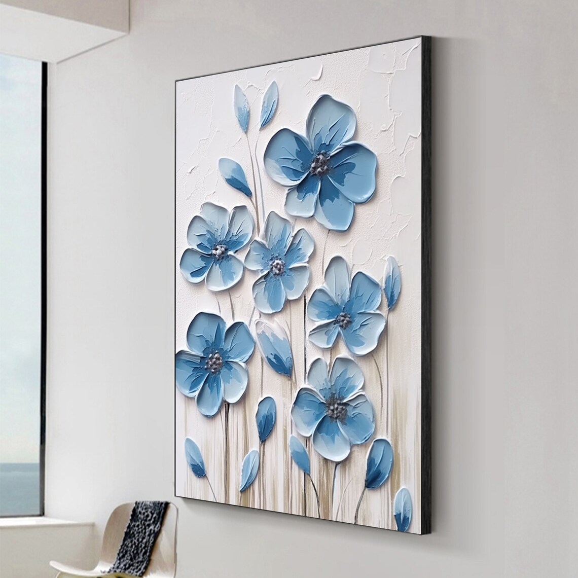 Big Blue Flowers 3D Textured Floral Impasto Oil Painting Poster - Image 2