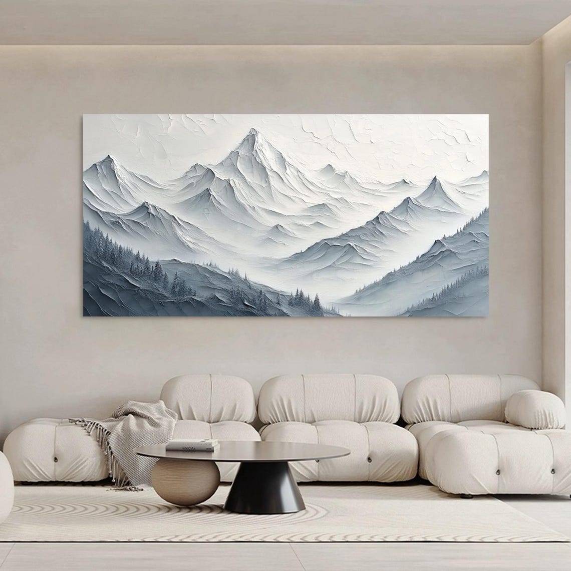 Misty Gray Mountain Peaks Pines Panoramic Textured Landscape Poster - Image 2