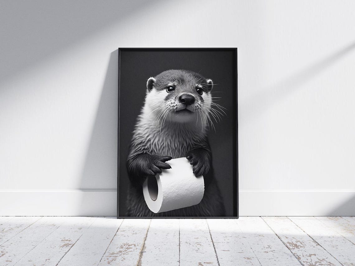 Cute Otter Holding Toilet Paper Funny Bathroom Black and White Poster - Image 2
