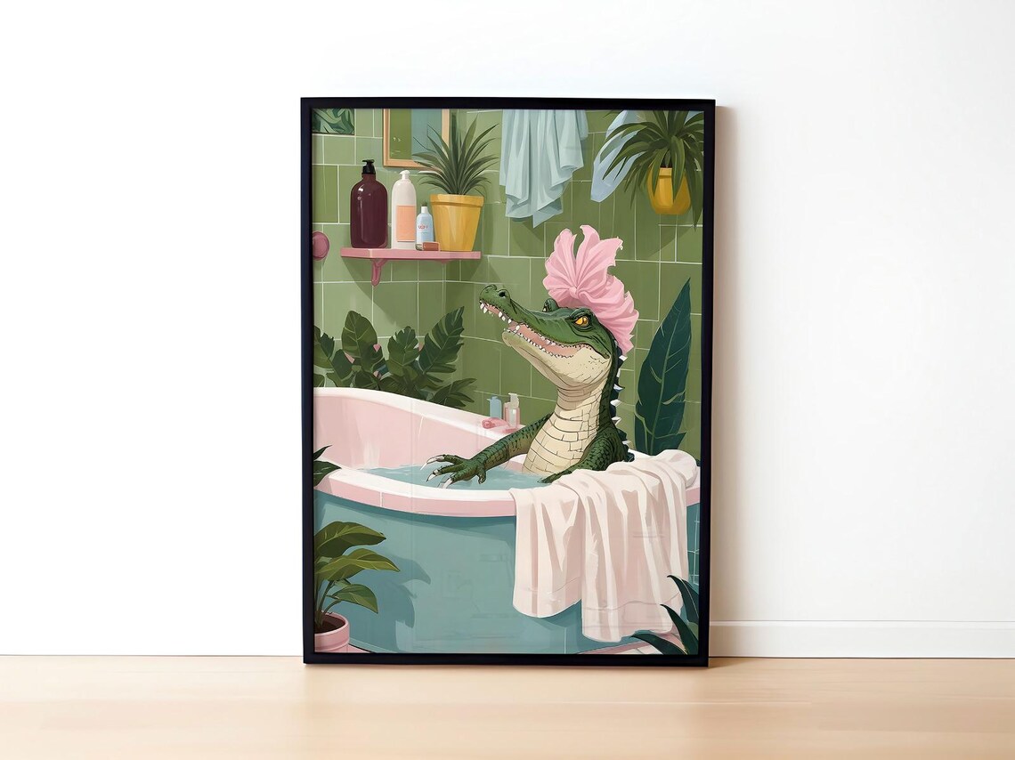 Funny Alligator Relaxing In Pink Bathtub With Shower Cap Humor Poster - Image 3