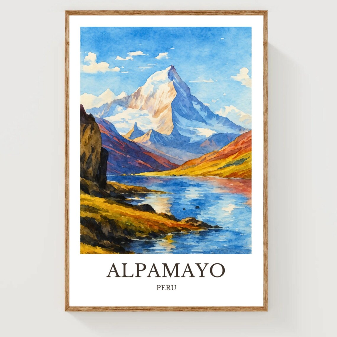 Alpamayo Peru Watercolor Poster of a Snow Pyramid Peak and Lake Scene
