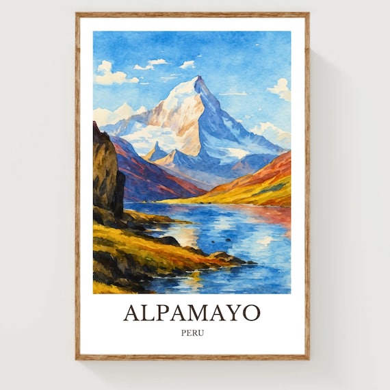 Alpamayo Peru Watercolor Poster of a Snow Pyramid Peak and Lake Scene
