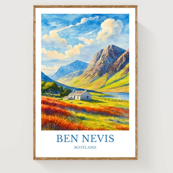 Ben Nevis Scotland Watercolor Mountain Landscape Scenic Travel Poster