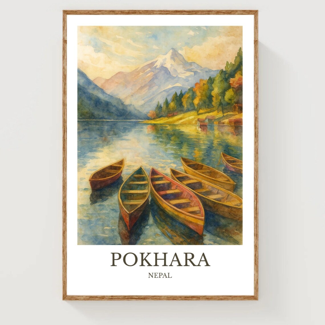Pokhara Nepal Lakeside Boats Himalayan View Watercolor Poster