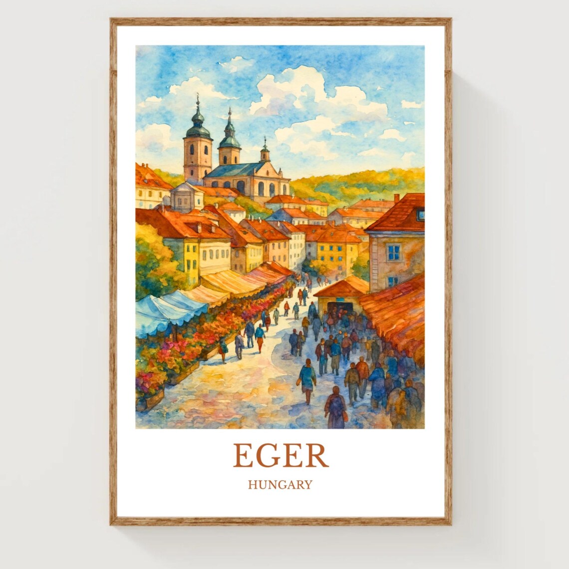 Eger Hungary Old Town Flower Market Square Watercolor Travel Poster