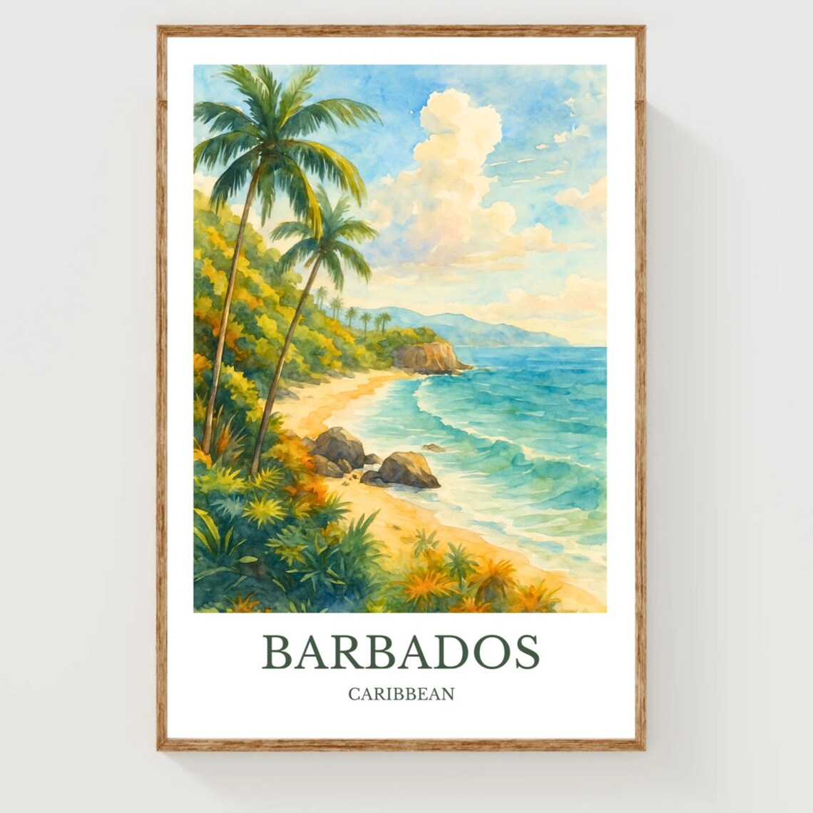 Barbados Caribbean Watercolor Poster with Palm Trees and Turquoise Sea