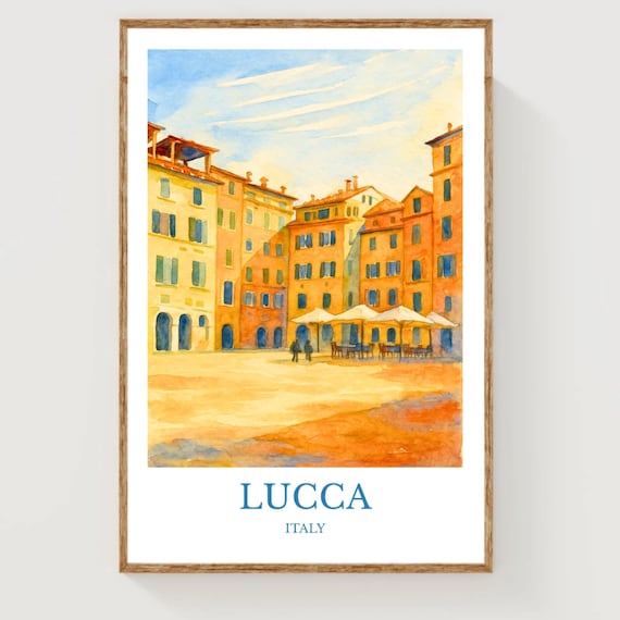 Lucca Italy Watercolor Travel Poster Tuscan Piazza Sunshine Art