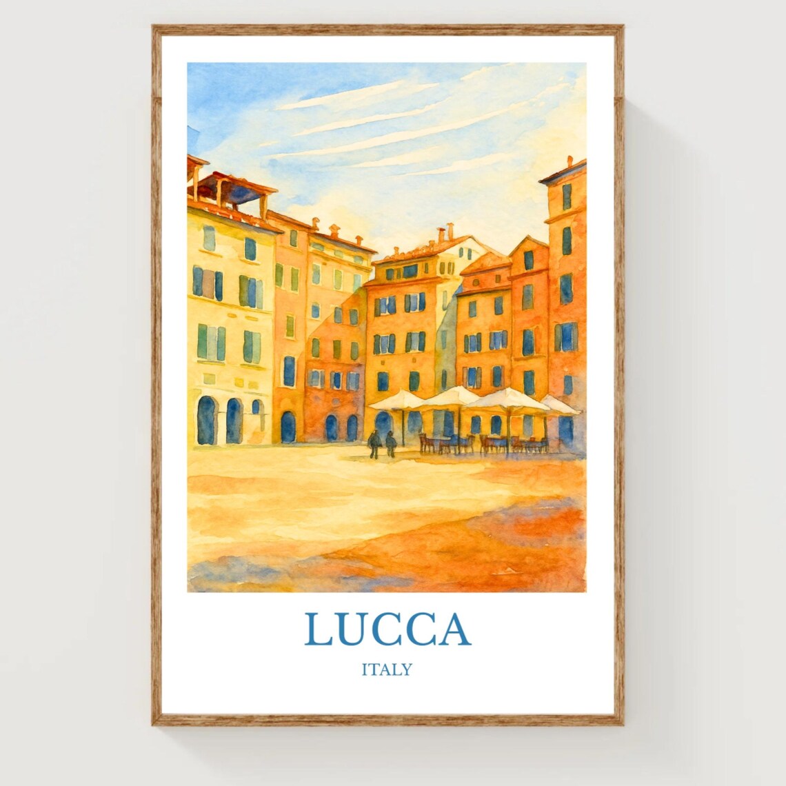 Lucca Italy Watercolor Travel Poster Tuscan Piazza Sunshine Art