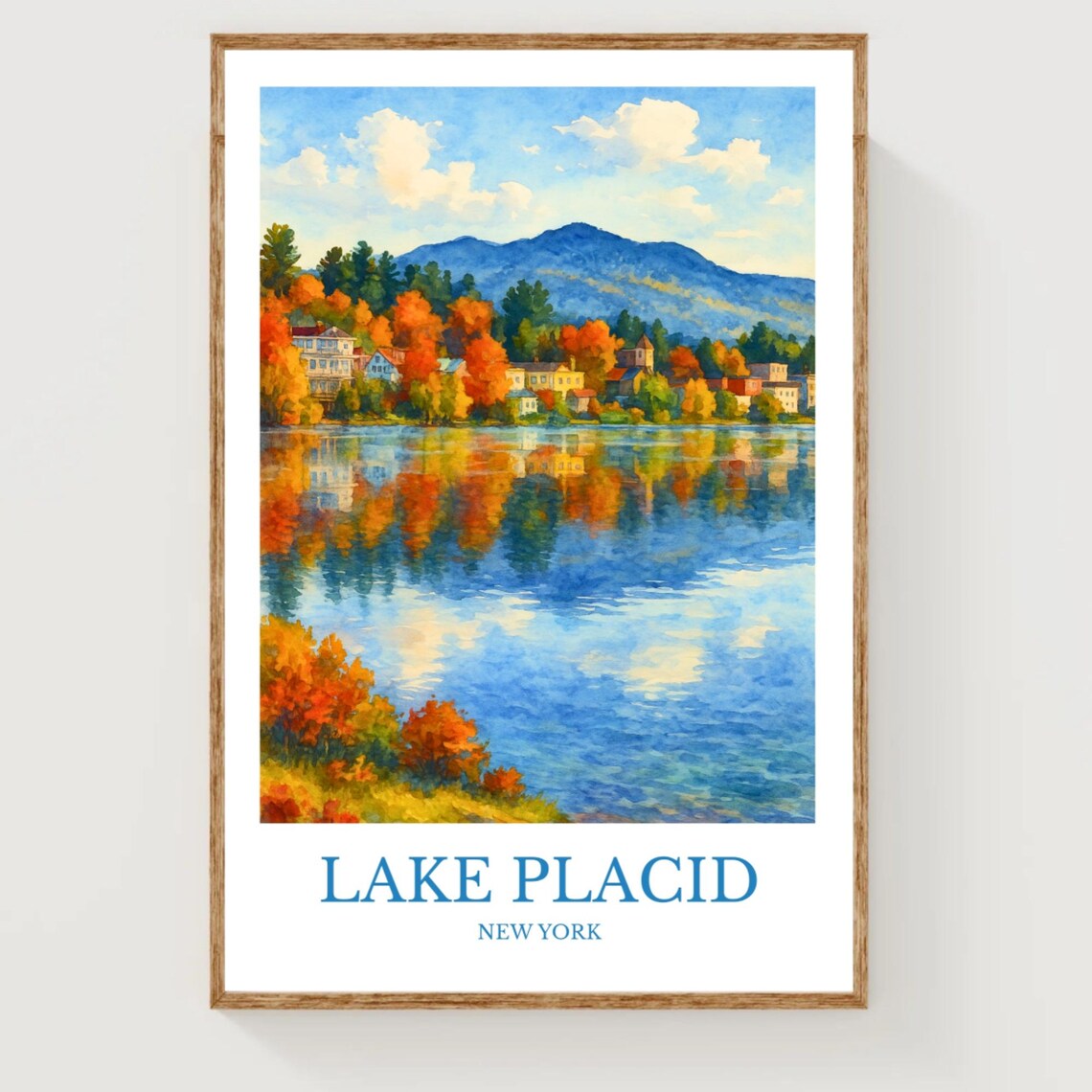 Lake Placid New York Autumn Village Watercolor Travel Poster