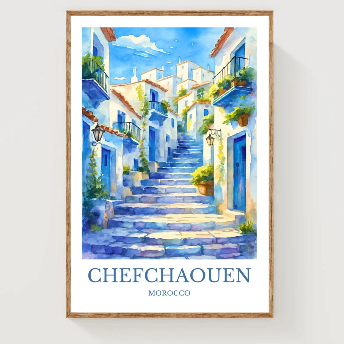Chefchaouen Morocco Blue City Stairs Watercolor Travel Poster