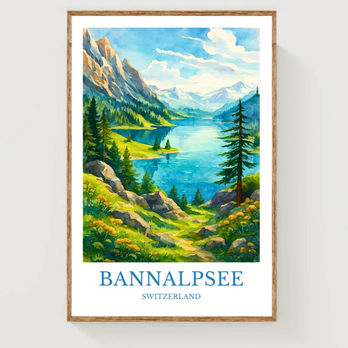 Bannalpsee Switzerland Alpine Lake Watercolor Nature Travel Poster
