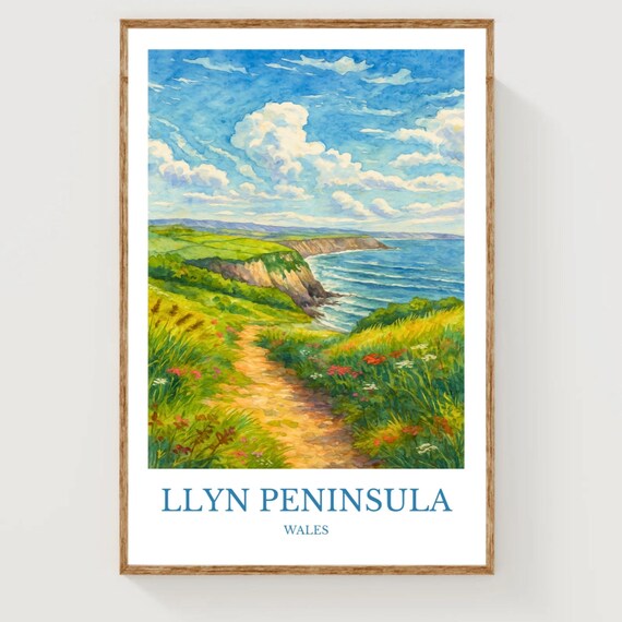 Llyn Peninsula Wales Watercolor Travel Poster Coastal Walk Decor