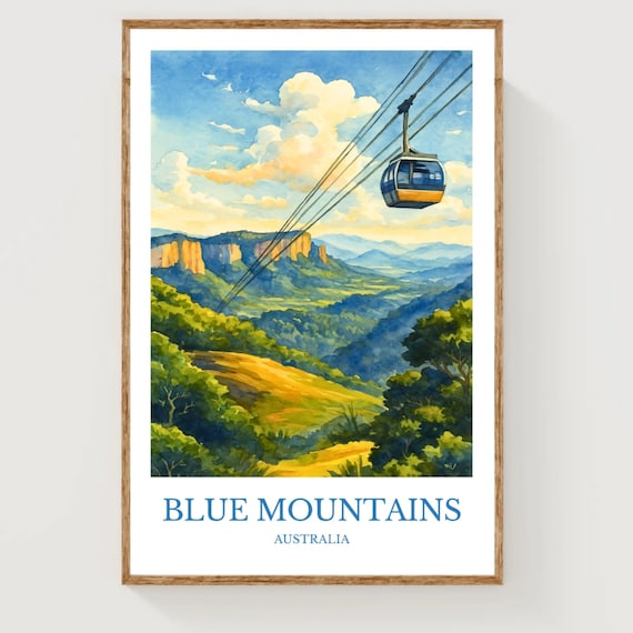 Blue Mountains Australia Cable Car Valley Watercolor Travel Poster