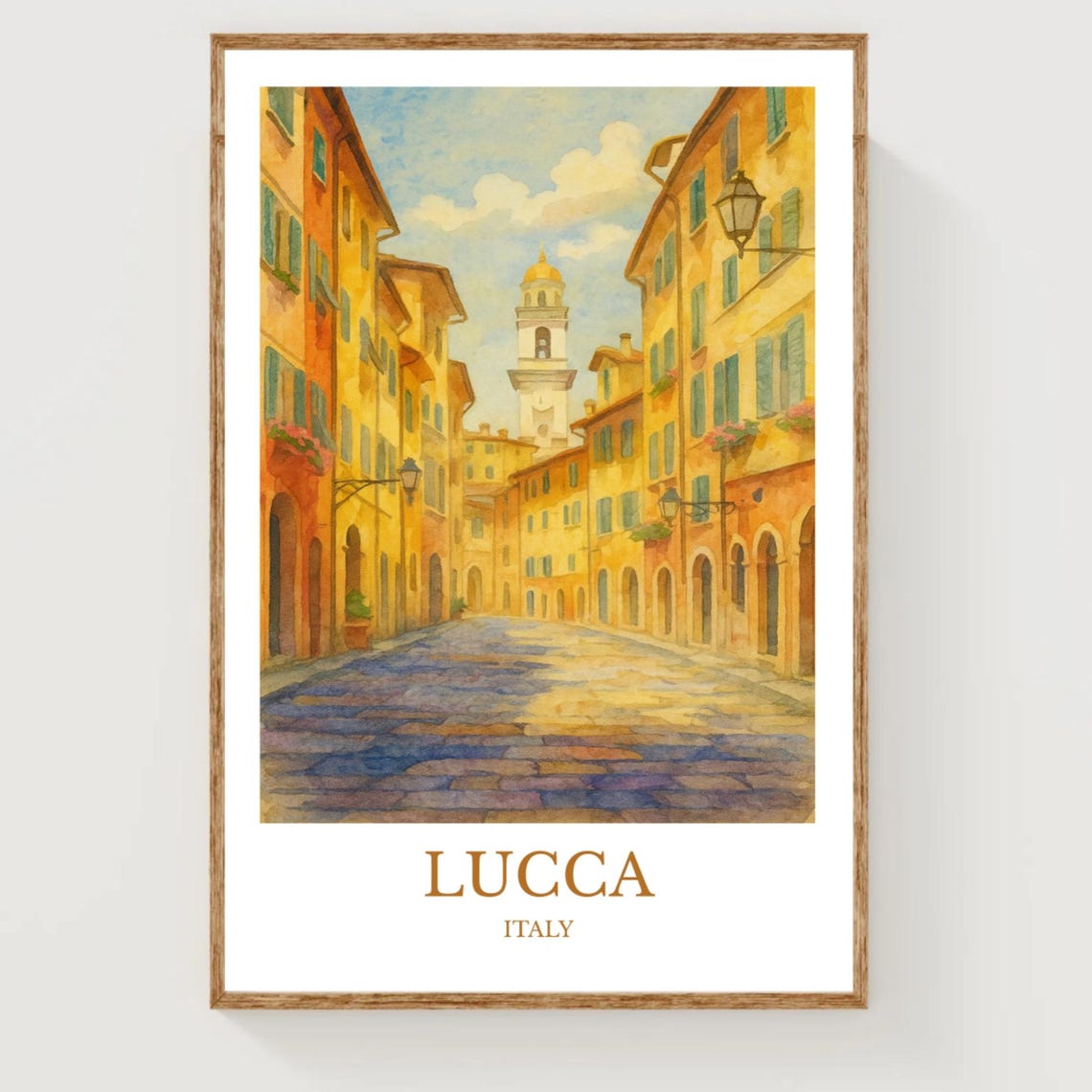 Lucca Italy Cobblestone Street Bell Tower Tuscany Watercolor Poster