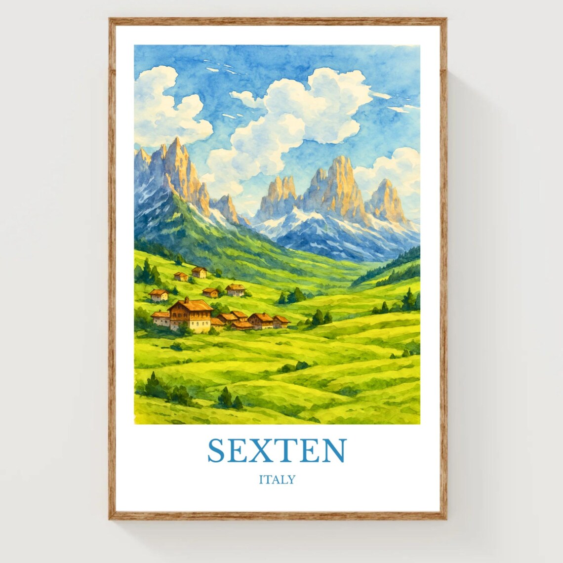 Sexten Italy Dolomite Peaks Alpine Village Watercolor Travel Poster