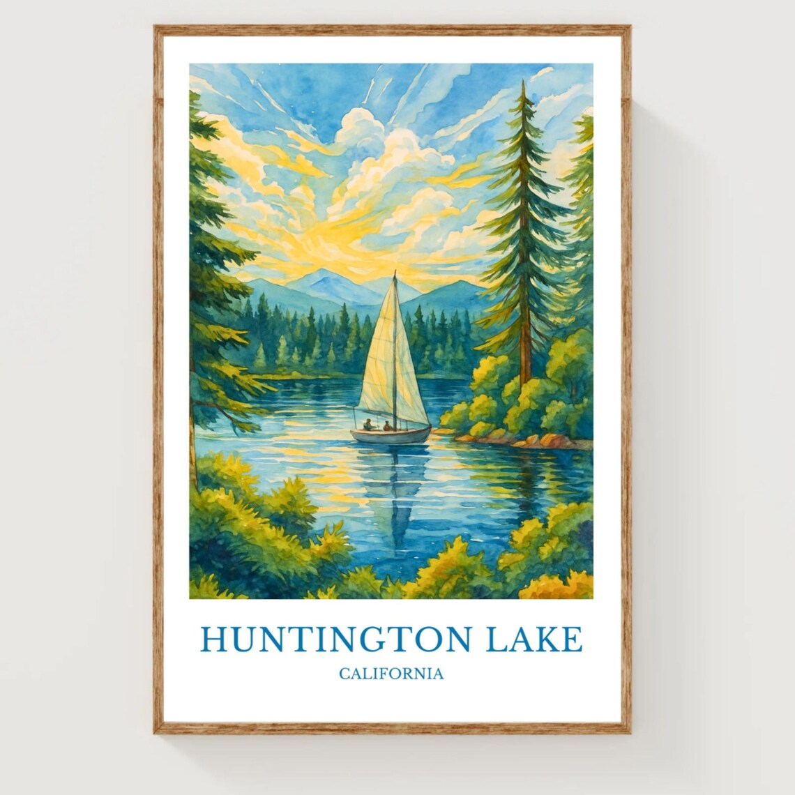 Huntington Lake California Sailboat Watercolor Travel Poster
