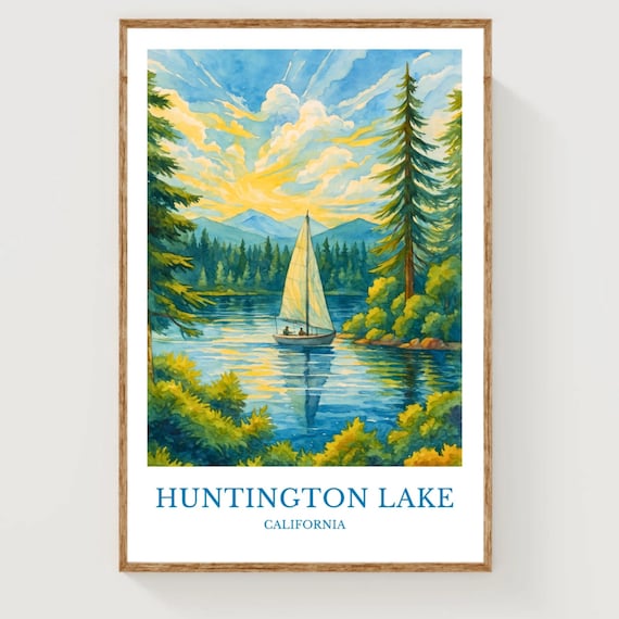 Huntington Lake California Sailboat Watercolor Travel Poster