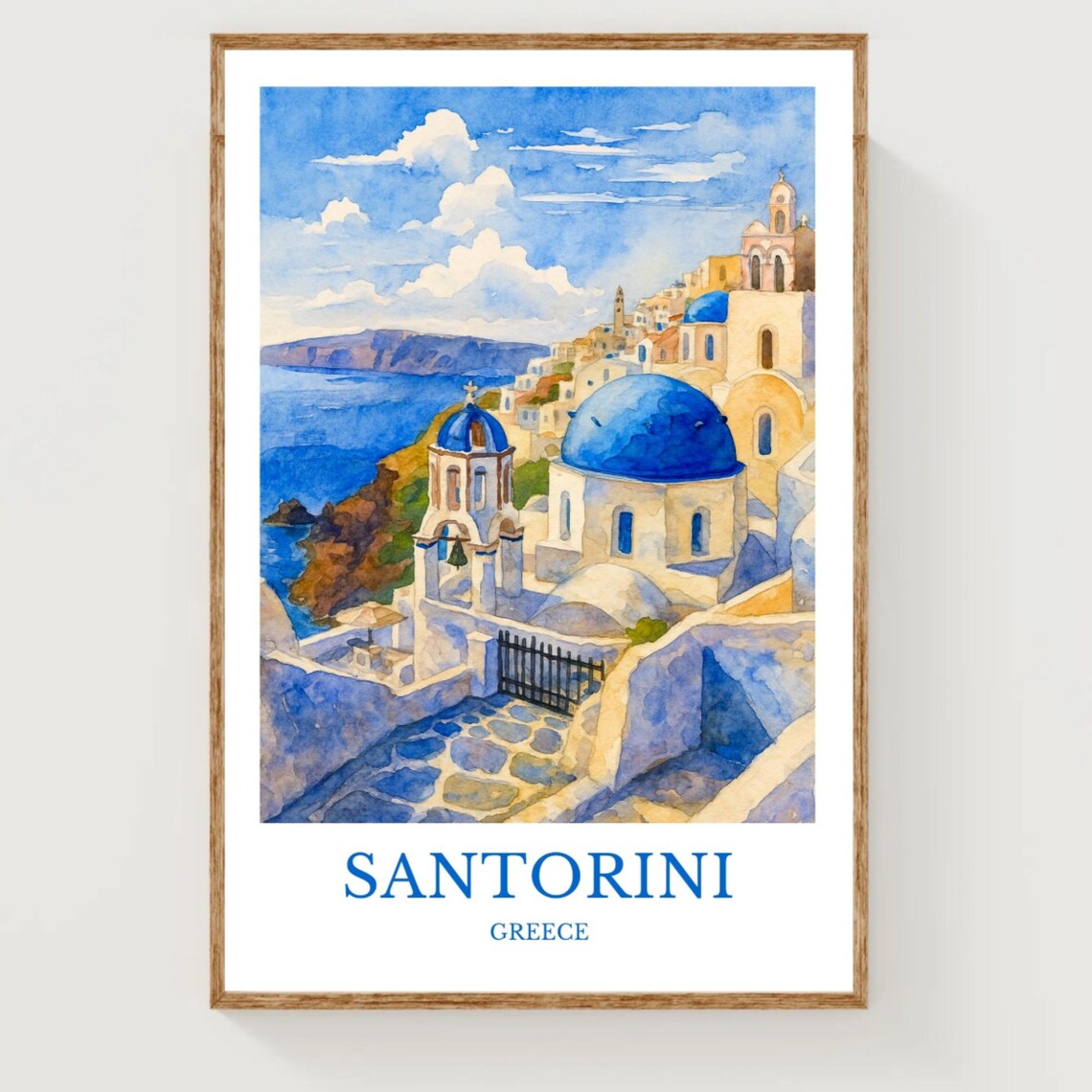 Santorini Greece Watercolor Blue Domed Churches Caldera Sea View Poster