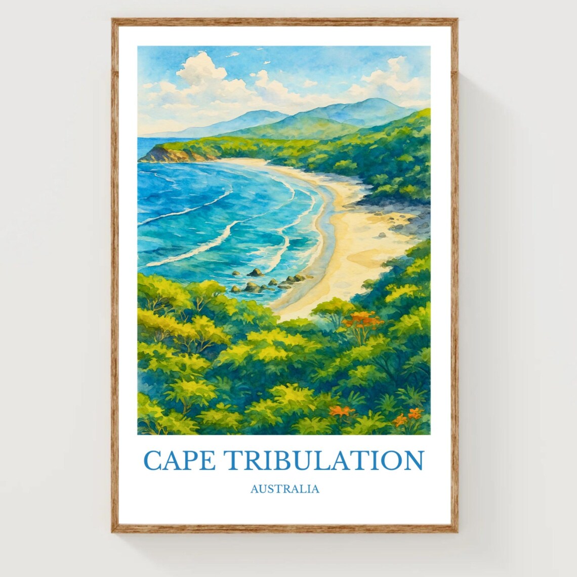 Cape Tribulation Australia Tropical Beach Cove Watercolor Travel Poster