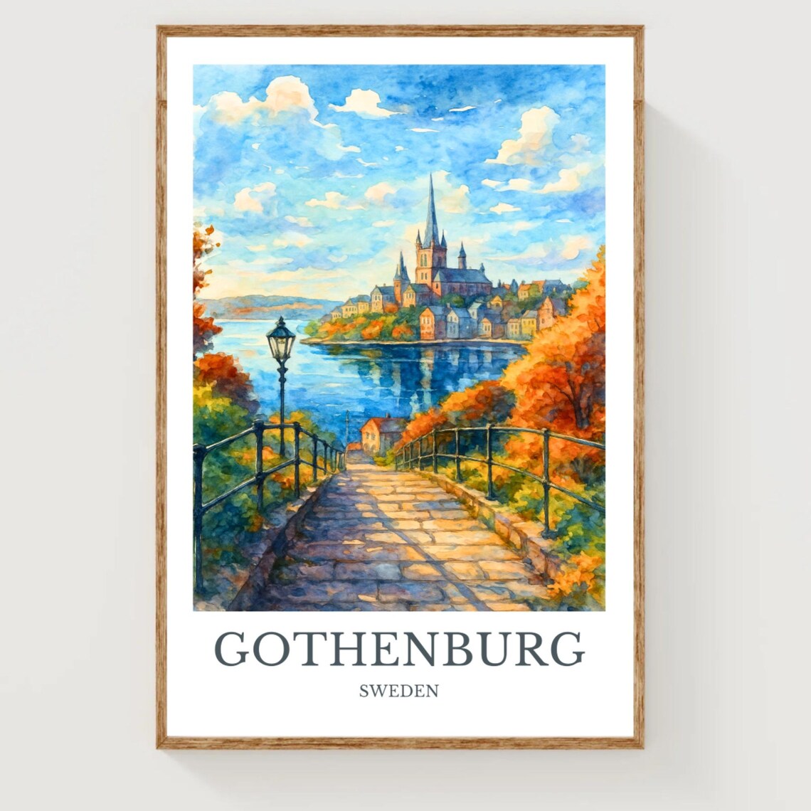Gothenburg Sweden Harbor Waterfront Autumn Watercolor Poster