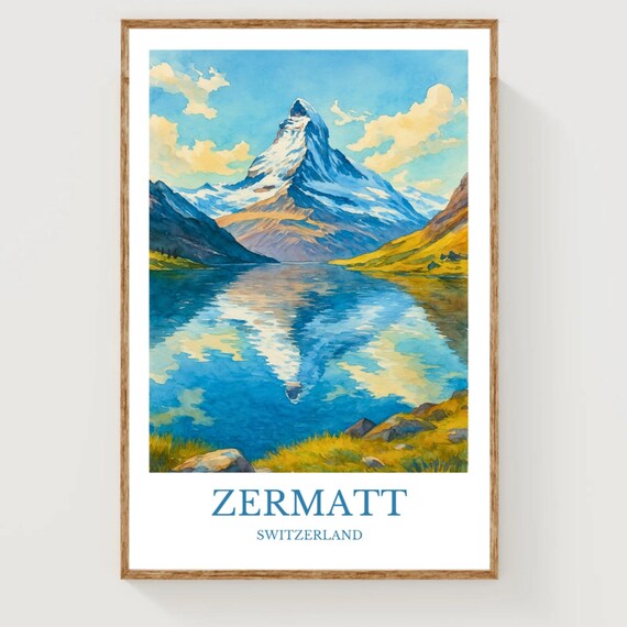 Zermatt Switzerland Watercolor Matterhorn Mountain Lake Mirror Poster