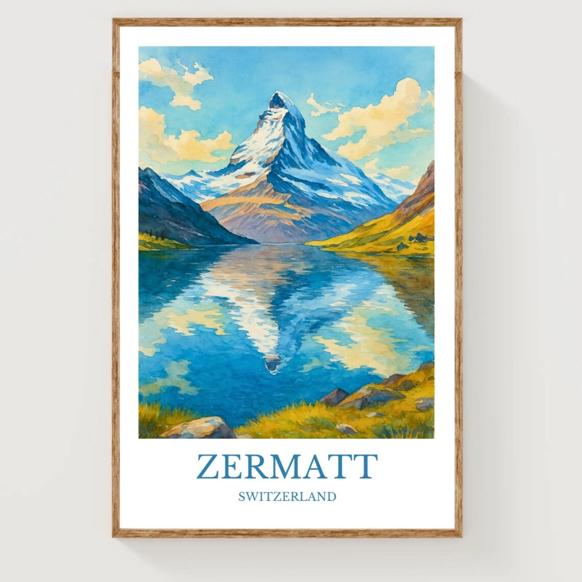 Zermatt Switzerland Watercolor Matterhorn Mountain Lake Mirror Poster