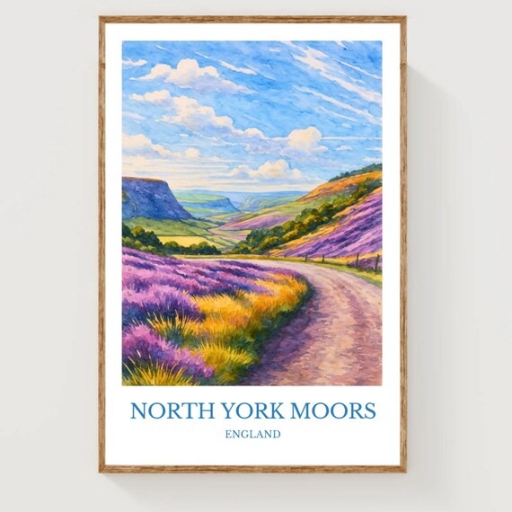 North York Moors England Heather Moorland Watercolor Travel Poster