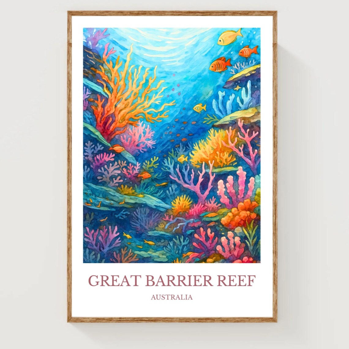 Great Barrier Reef Australia Coral Fish Underwater Watercolor Travel Poster