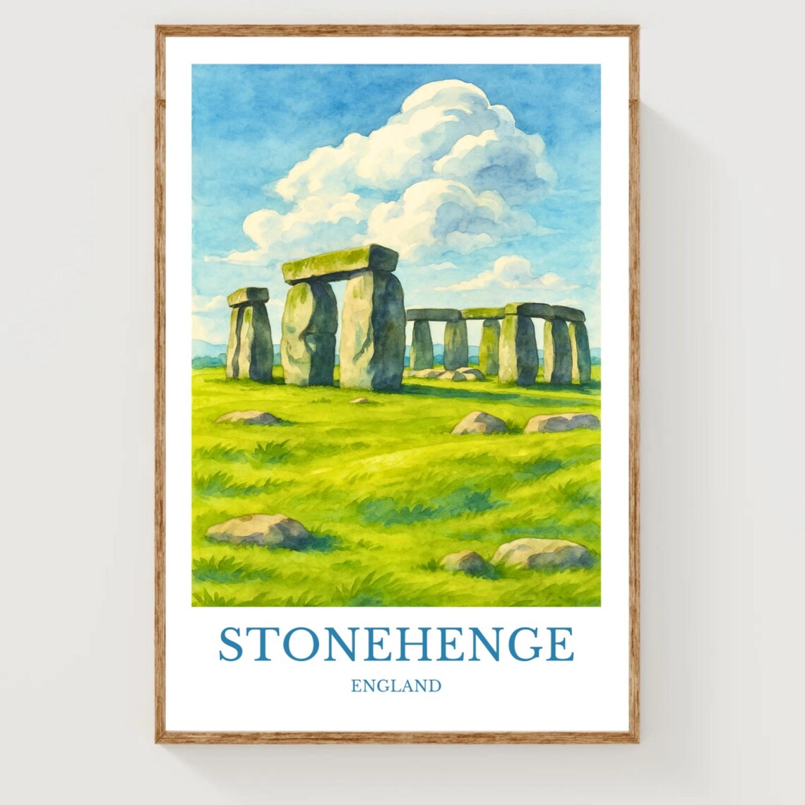 Stonehenge England Ancient Stones Sunny Watercolor Travel Poster