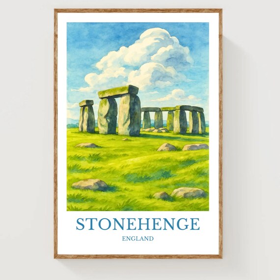 Stonehenge England Ancient Stones Sunny Watercolor Travel Poster