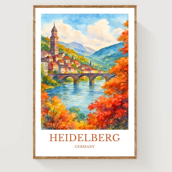 Heidelberg Germany Old Bridge Autumn River Watercolor Travel Poster