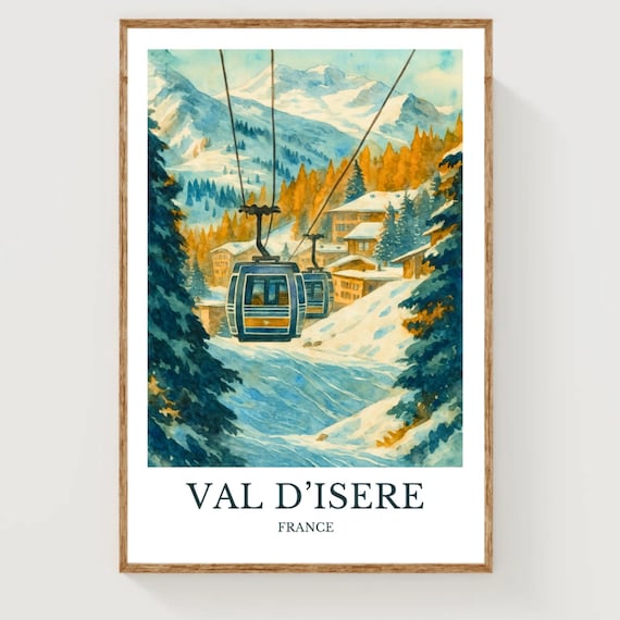 Val dIsere France Ski Gondola Over Snowy Slopes Watercolor Poster