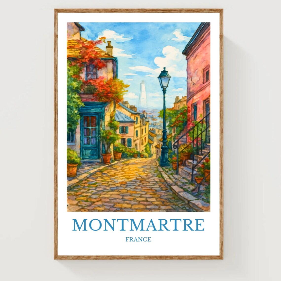 Montmartre Paris France Watercolor Travel Poster Cobblestone Art