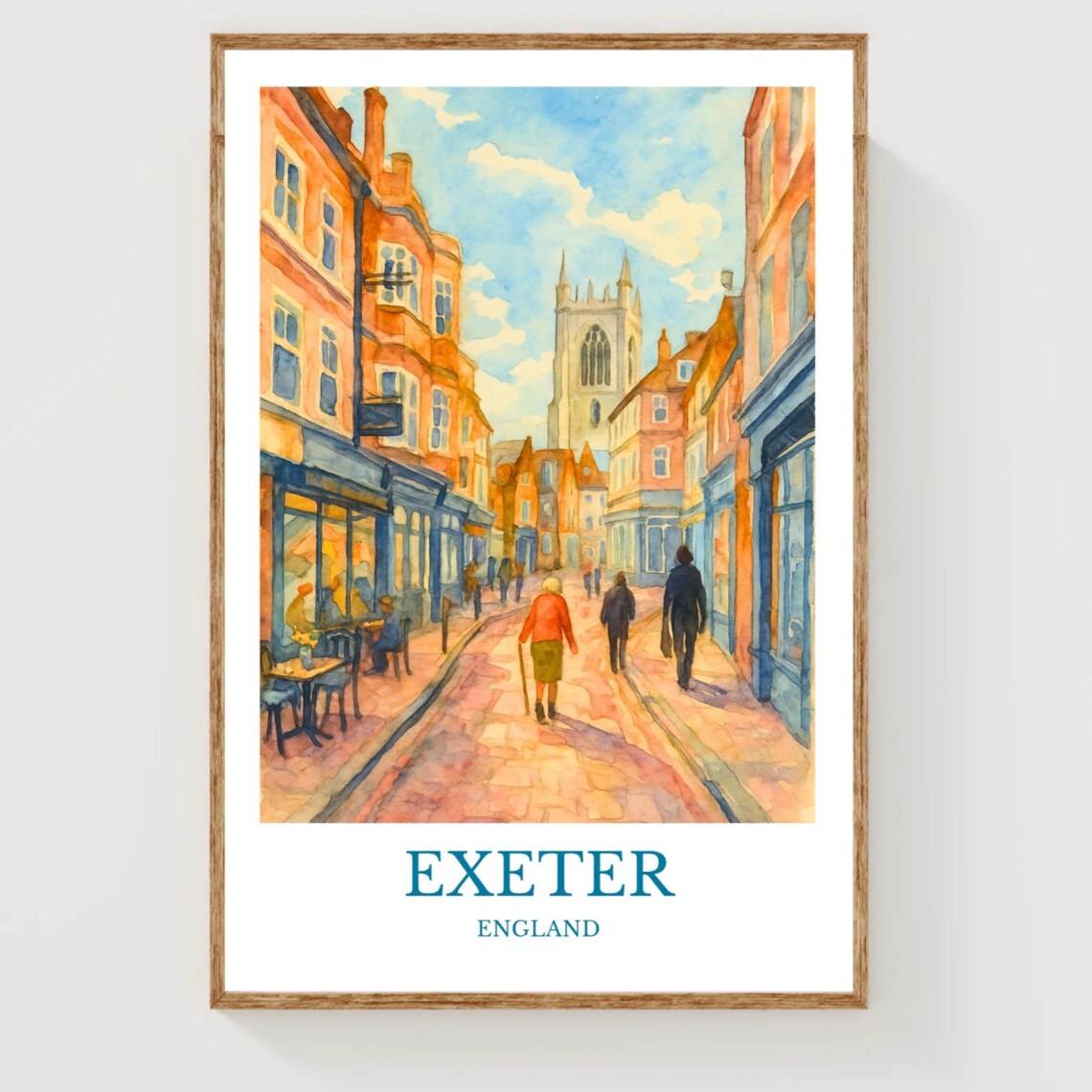Exeter England Cathedral View Cobbled Street Watercolor Poster