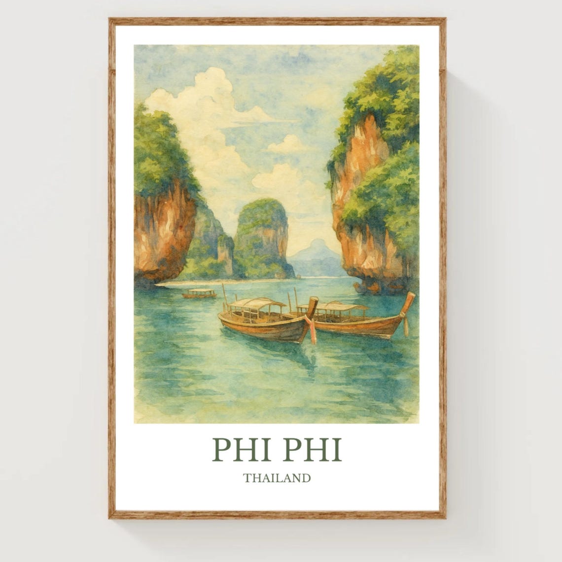 Phi Phi Thailand Longtail Boats Limestone Cliffs Travel Poster